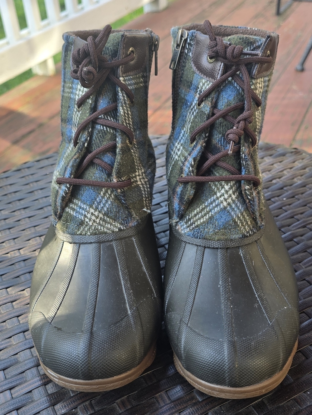 Sperry Plaid Lace-Up Duck Boots in Blue, Brown and Green